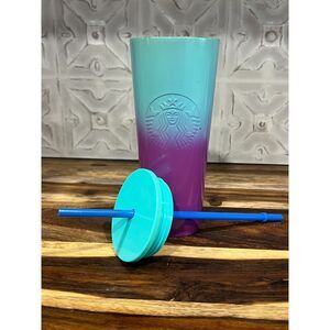 Starbucks 24 oz Gradient Ombre Tumbler Teal Blue Purple 2022 Cold Cup w/ Lid & S
